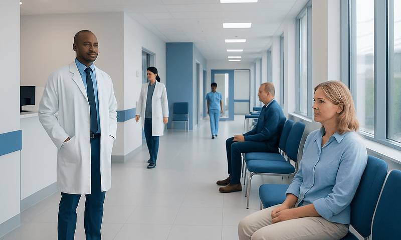 Medical professionals and patients in a modern hospital corridor.