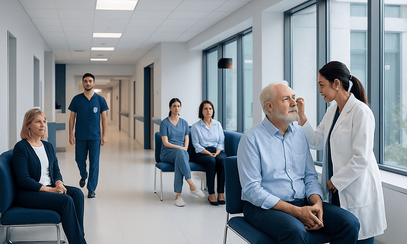 Medical consultation with elderly patient at Acibadem Hospital.