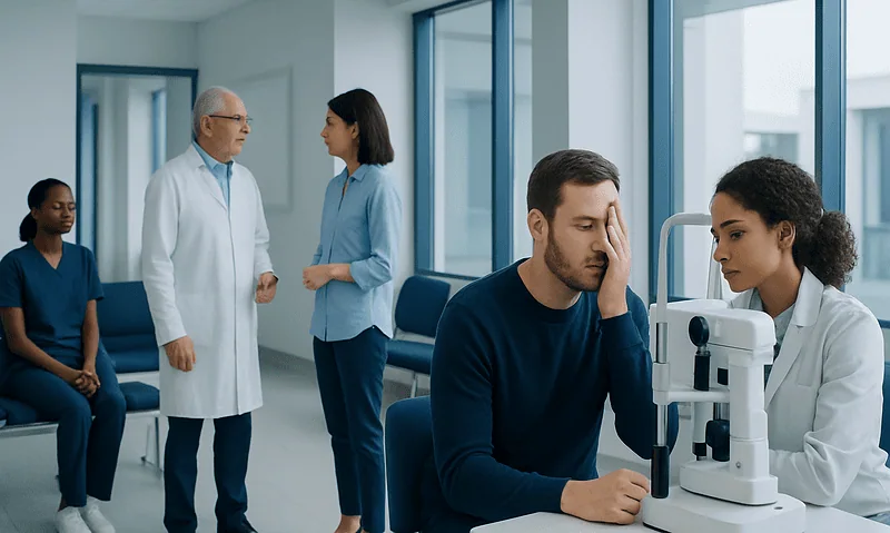 Patient undergoing eye examination with medical staff at Acibadem Hospital.
