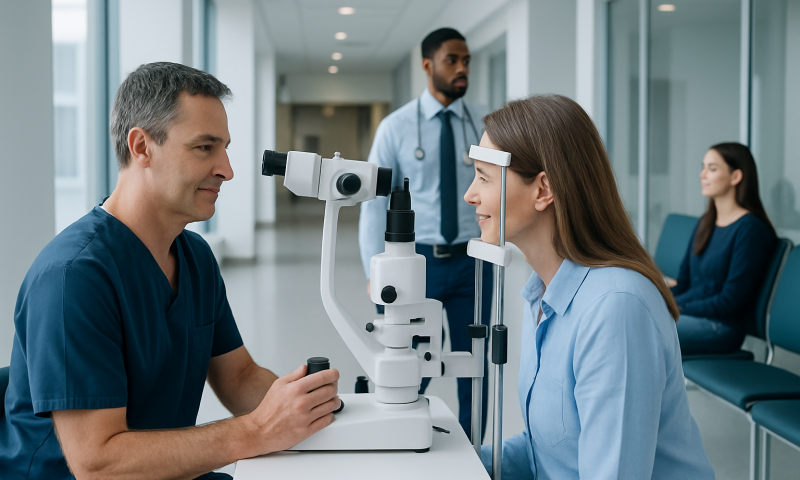 Optometrist performs eye exam using slit lamp at Acibadem Hospital.