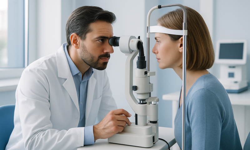 Optometrist examining a woman's eyes with a slit lamp in a clinic.