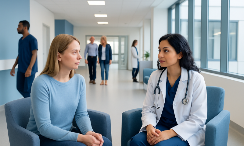 Doctor consulting with a patient in a modern hospital corridor.