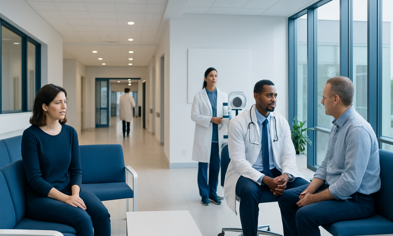 Medical consultation in a modern hospital with doctor and patient discussing health.