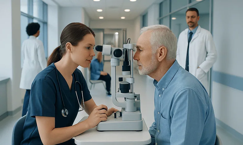 Ophthalmologist examining a patient's eye with a slit lamp in a modern clinic.