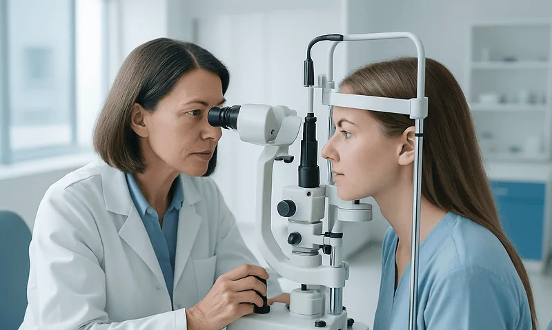 Optometrist examining a patient's eye with a slit lamp in a clinical setting.