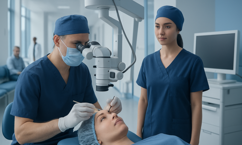 Eyeball Operation: Procedure, Recovery and Results 12 Surgeon performing eye surgery with a microscope in a modern hospital setting.
