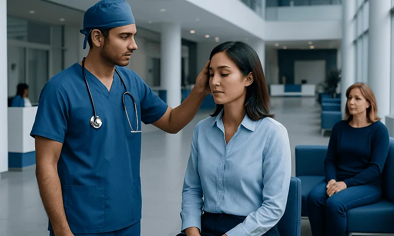 Doctor examining woman's eyelids in a modern hospital setting.