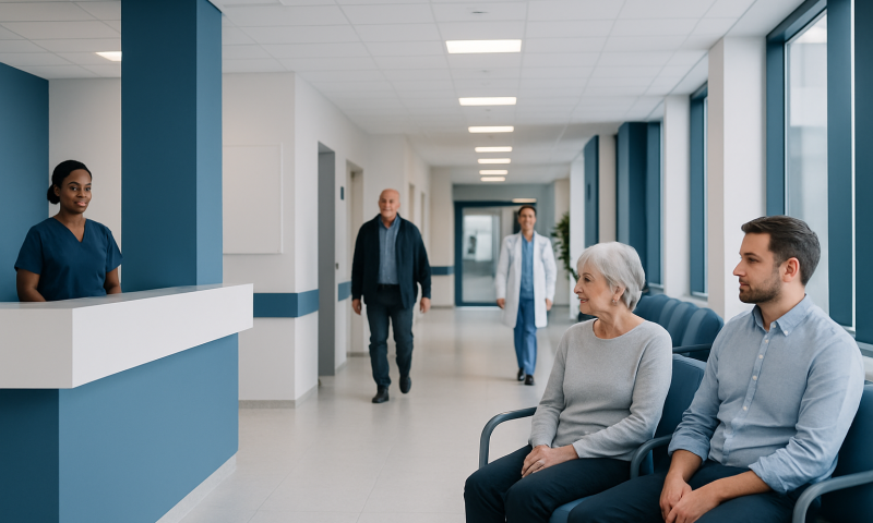 Eylea Injection Cost: What Patients Really Pay 6 Patients waiting in a modern hospital corridor with medical staff nearby.