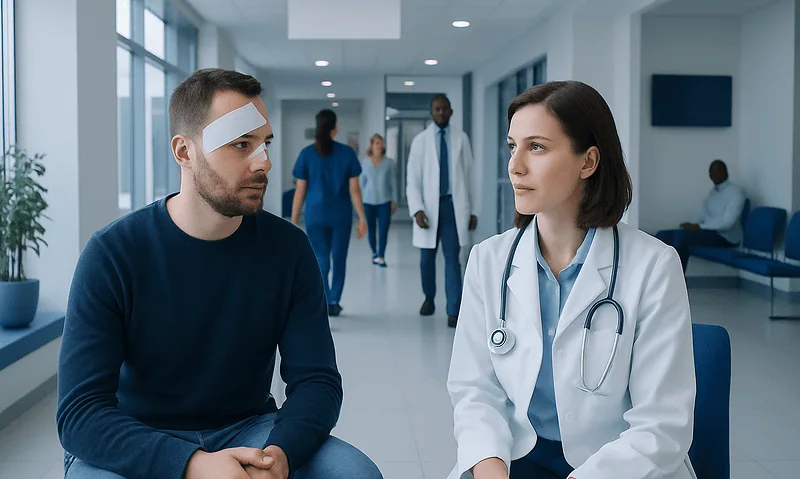 Doctor consulting patient in hospital corridor for facial injury treatment.