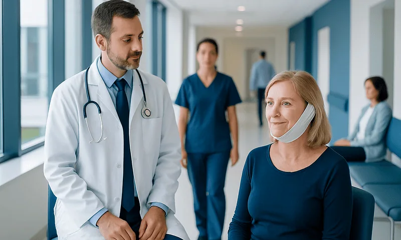 Doctor consulting a woman patient in a hospital corridor.