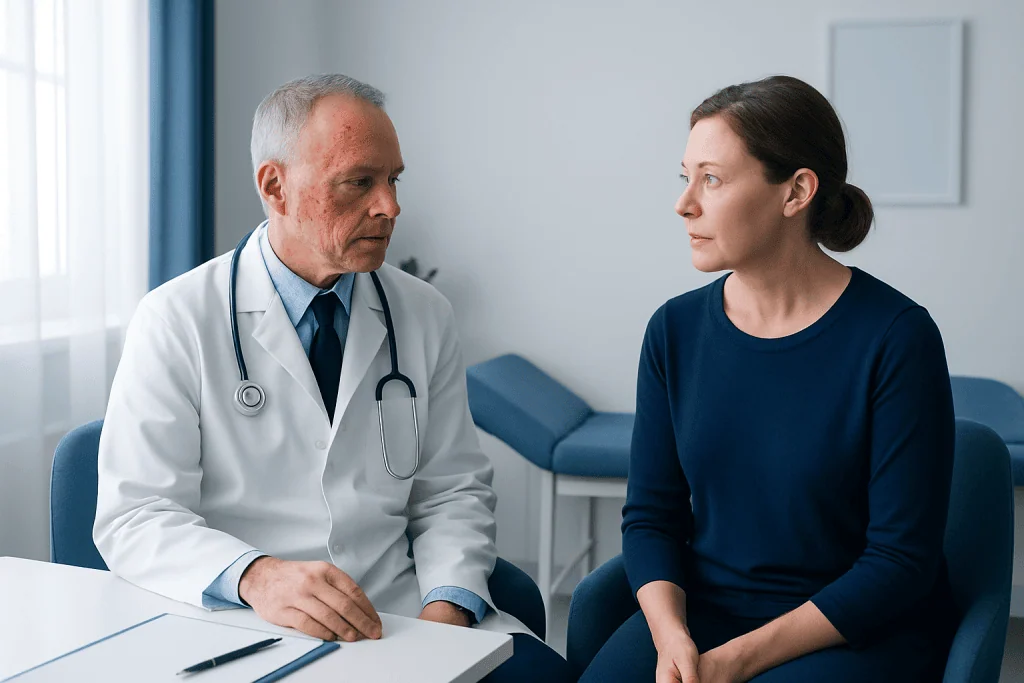 Doctor consulting with a female patient in a medical office setting.