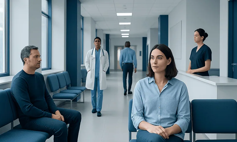 Patients waiting in a hospital corridor with medical staff nearby.