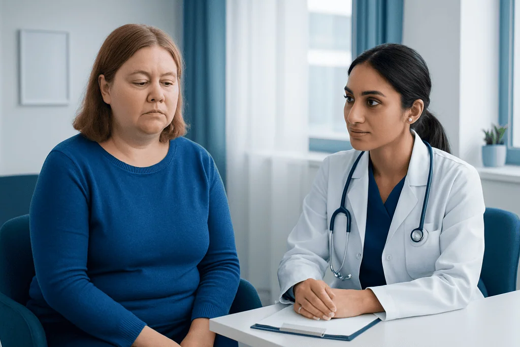 Doctor consulting with a patient about hypothyroidism symptoms.