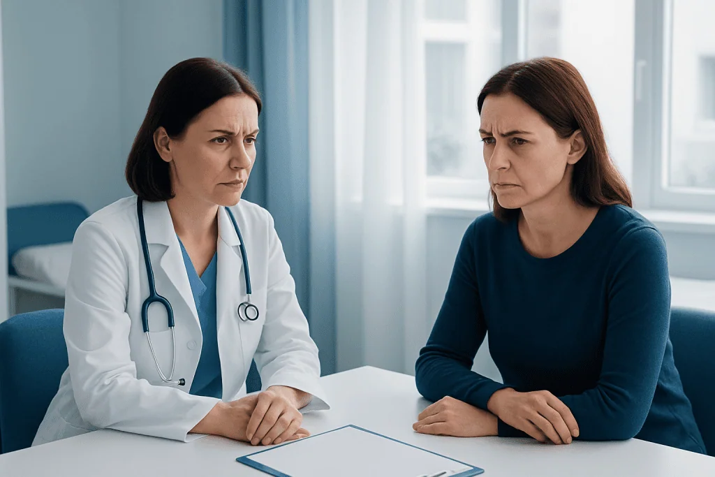 Doctor consulting with patient about glabellar lines treatment options.