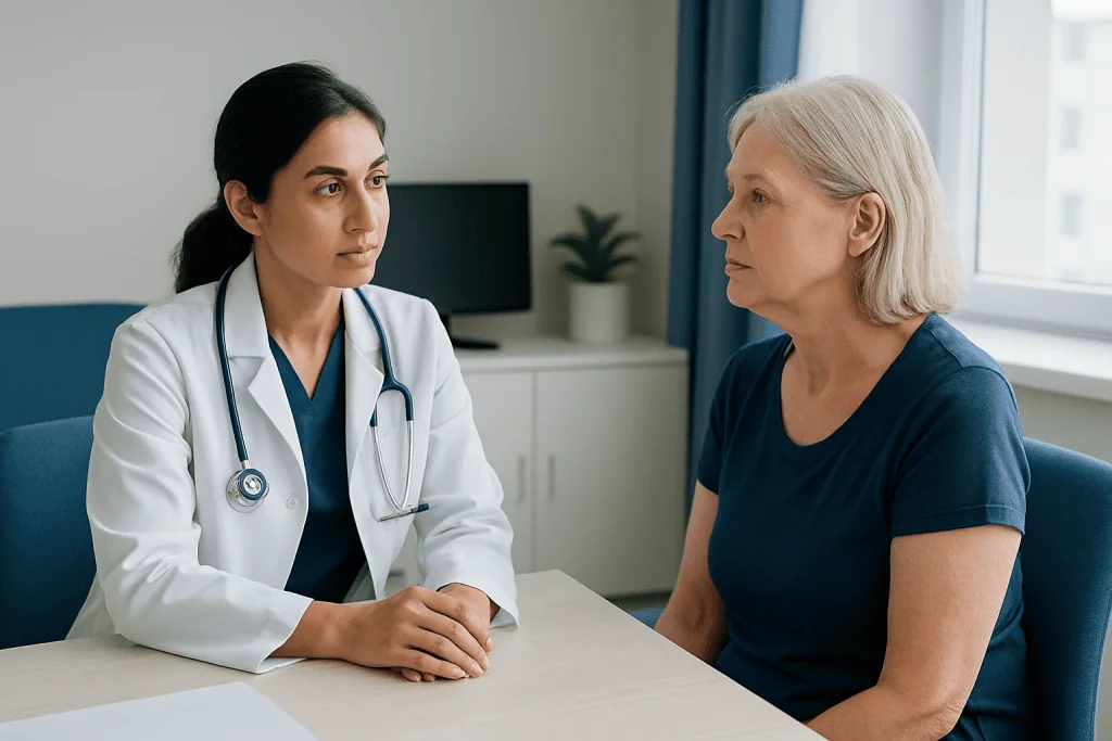 Doctor consulting with an elderly female patient in a medical office.
