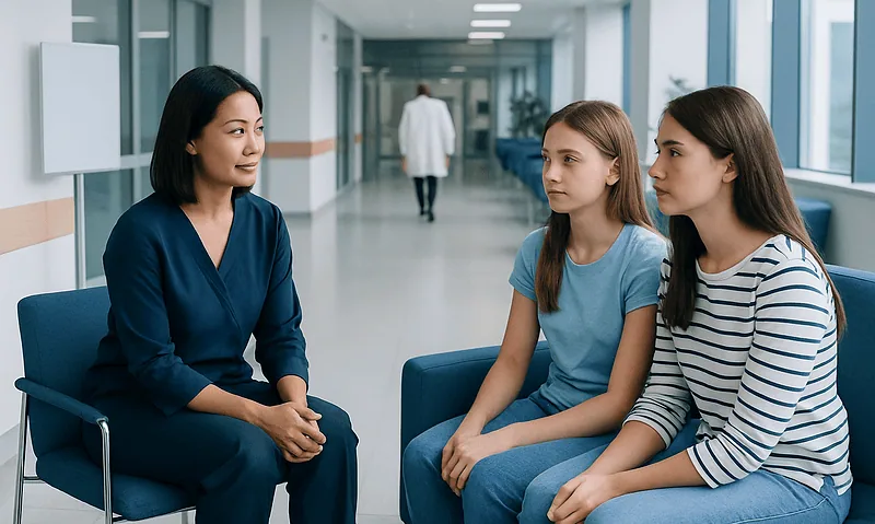 Family therapy session with a therapist and two teenage girls in a hospital corridor.