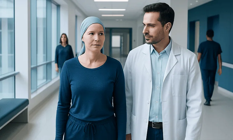 Doctor consulting a female patient in a hospital corridor.