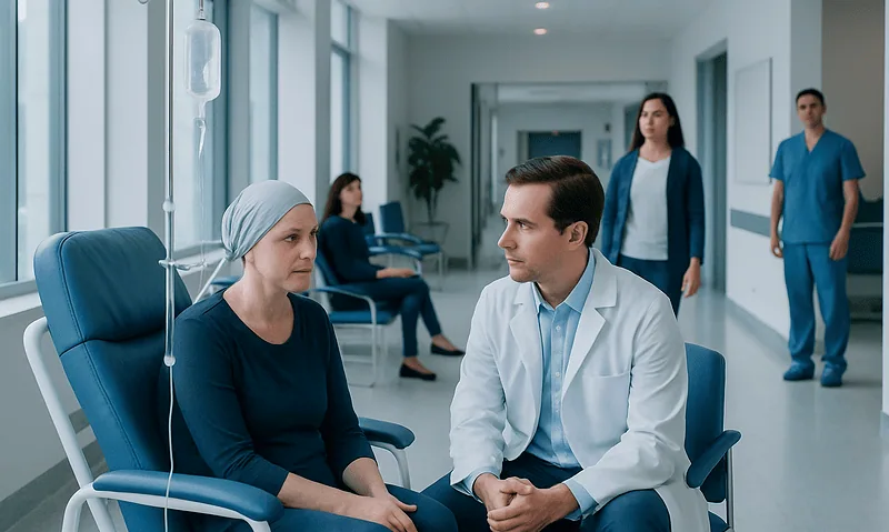 Patient receiving chemotherapy in hospital with medical staff present.