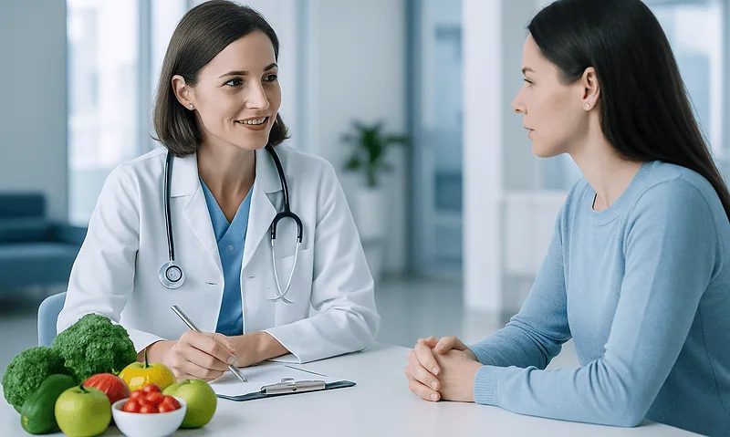 Doctor consulting with patient in a modern hospital setting.