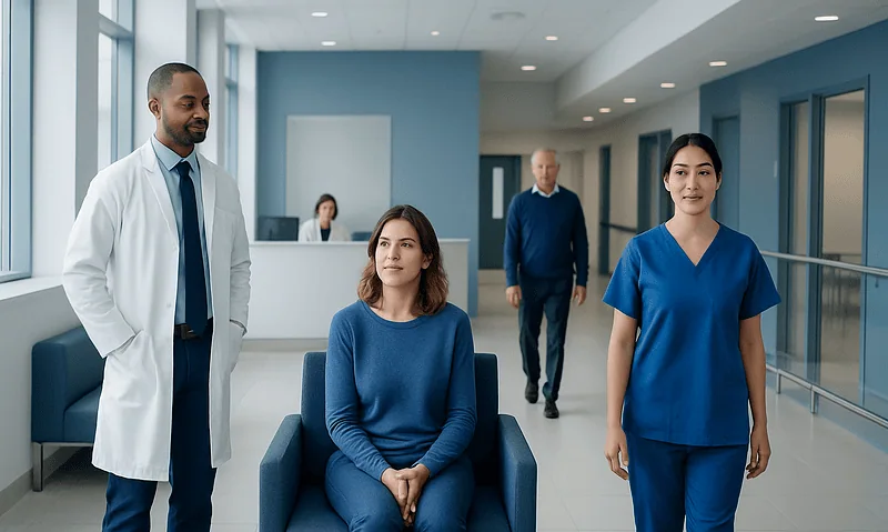 Medical team with patient in hospital corridor, healthcare professionals in blue scrubs and white co.