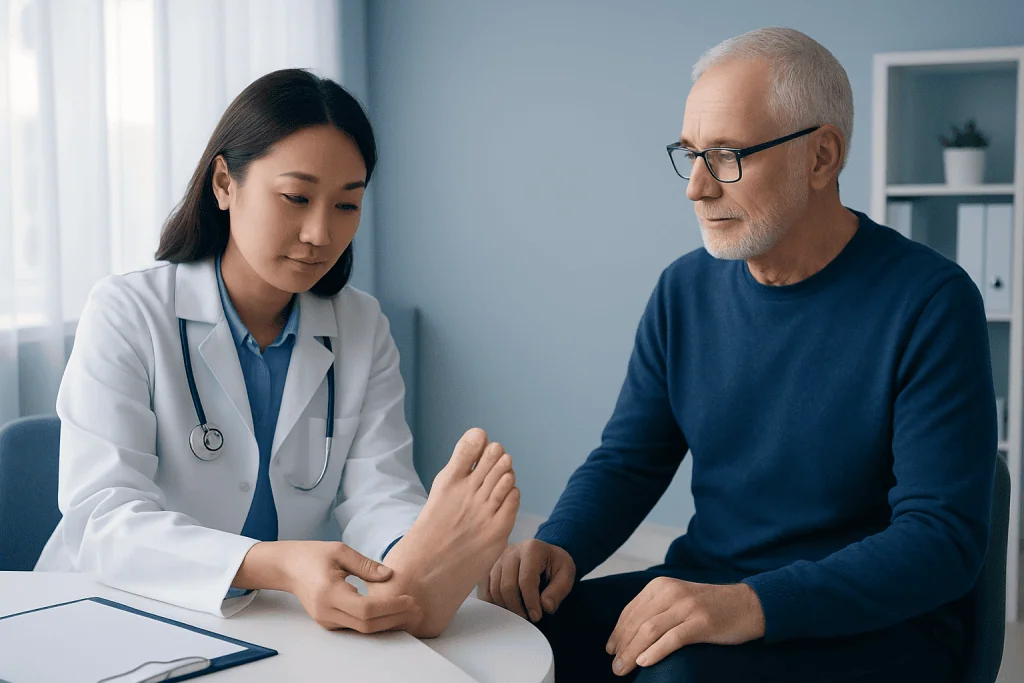 Doctor examining patient's toenail for brown line symptoms.