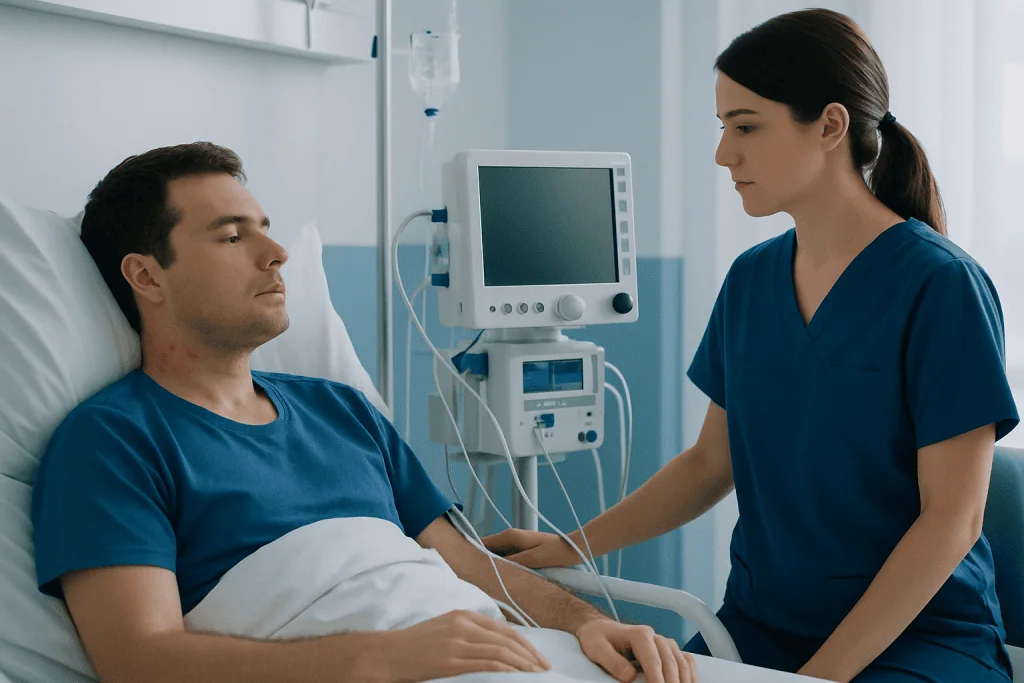 Hospital patient receiving medical care from nurse in a hospital room.