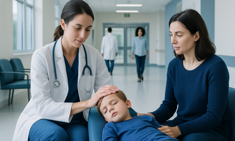 Doctor examining a child patient in a hospital corridor.