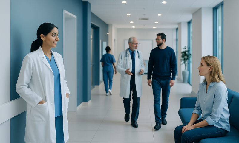 Medical professionals and patient in hospital corridor at Acibadem Hospitals Group.
