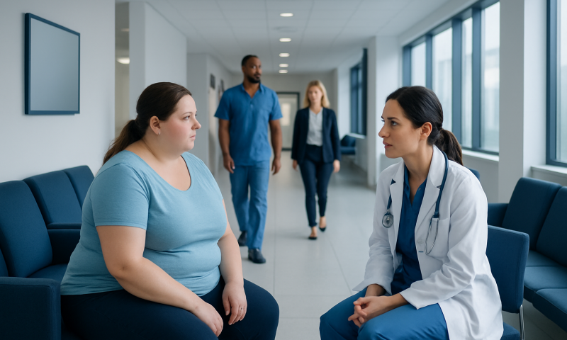 Doctor consulting a patient in a hospital corridor with medical staff in the background.
