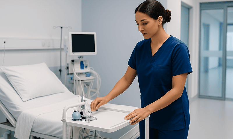 Nurse preparing medical equipment in a hospital room.