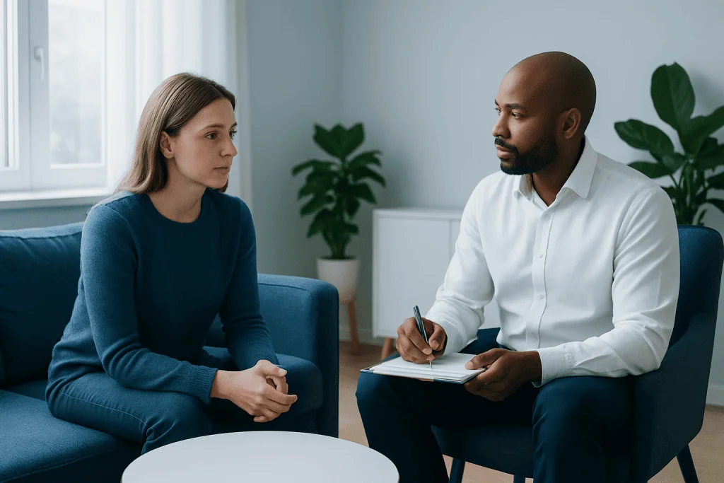 Therapist and patient in a counseling session at Acibadem Hospitals Group.