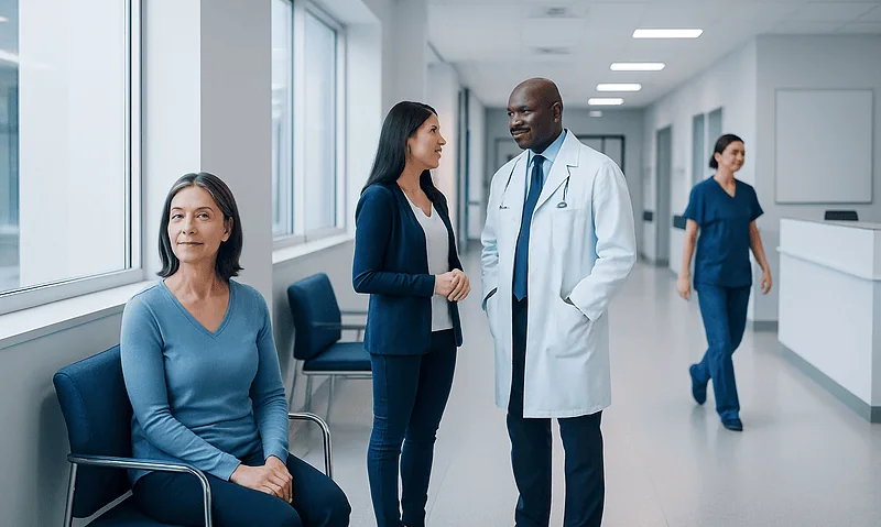 Medical consultation in a modern hospital corridor with diverse healthcare professionals.