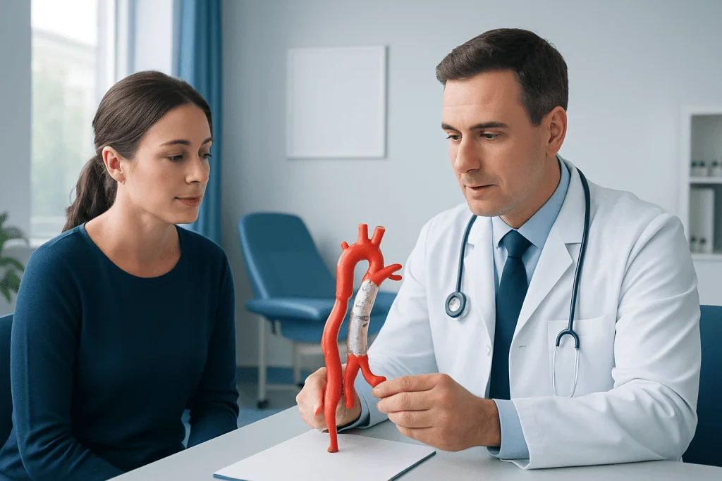 Doctor explaining a heart model to a patient in a medical consultation.