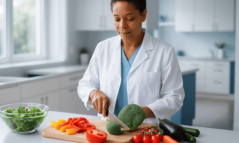 Healthcare professional preparing fresh vegetables in a modern kitchen.
