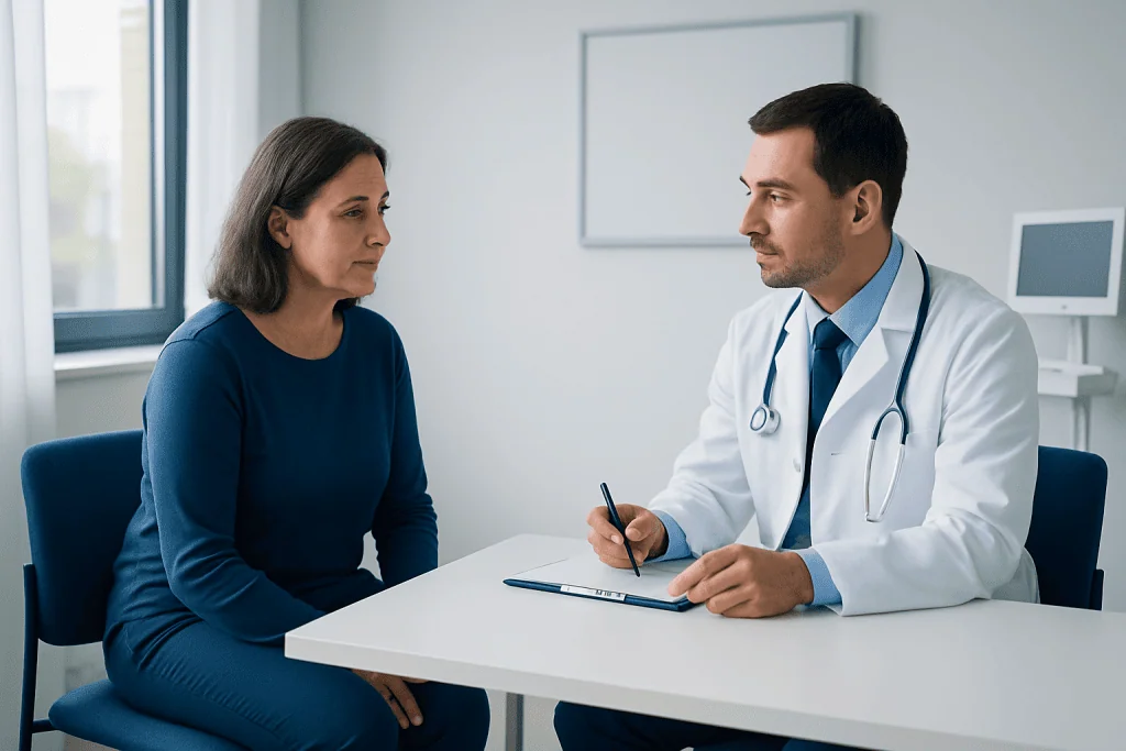 Doctor consulting with a female patient in a modern medical office.