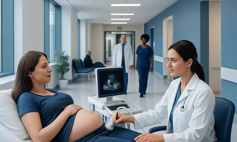Pregnant woman undergoing fetal ultrasound in hospital corridor.