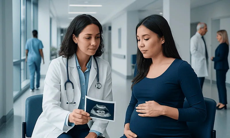 Doctor showing ultrasound image to pregnant woman in hospital corridor.