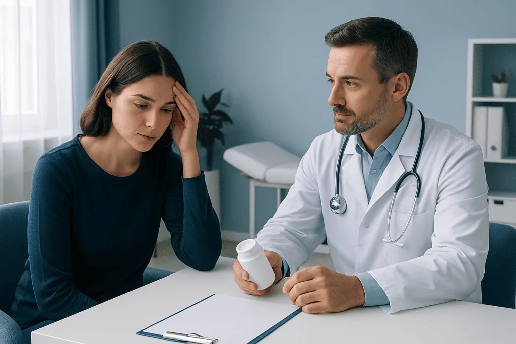 Doctor explaining medication to worried woman in clinic.