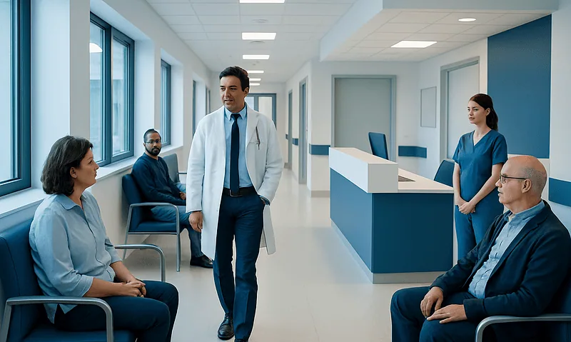 Medical team consulting patients in a hospital corridor at Acibadem Hospitals Group.