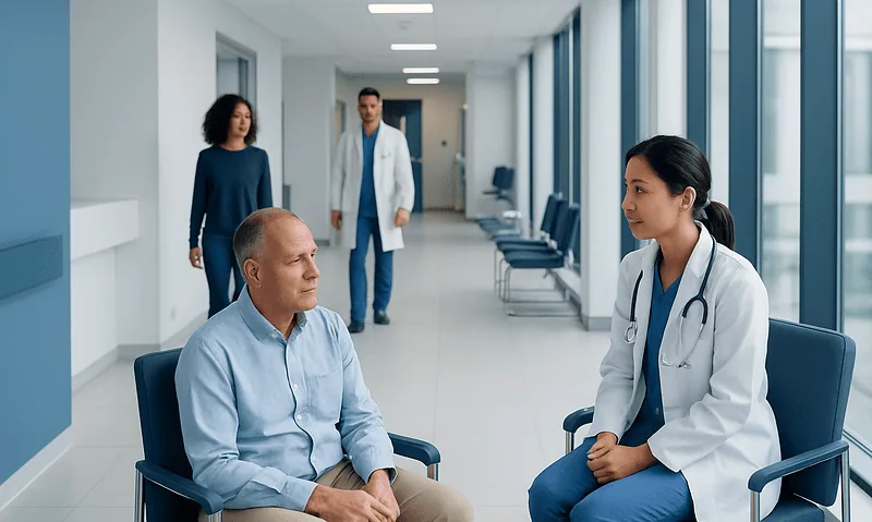 Doctor consulting with a patient in a modern hospital corridor.