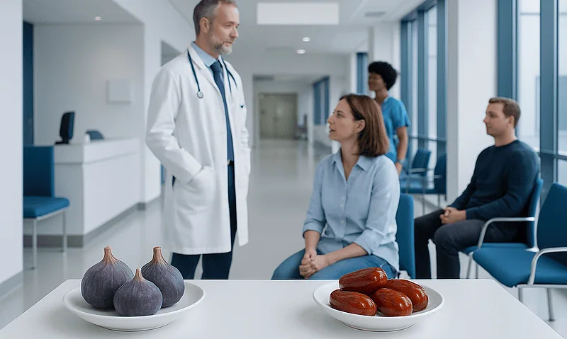 Doctor discussing with patients in a hospital corridor with figs and dates on table.