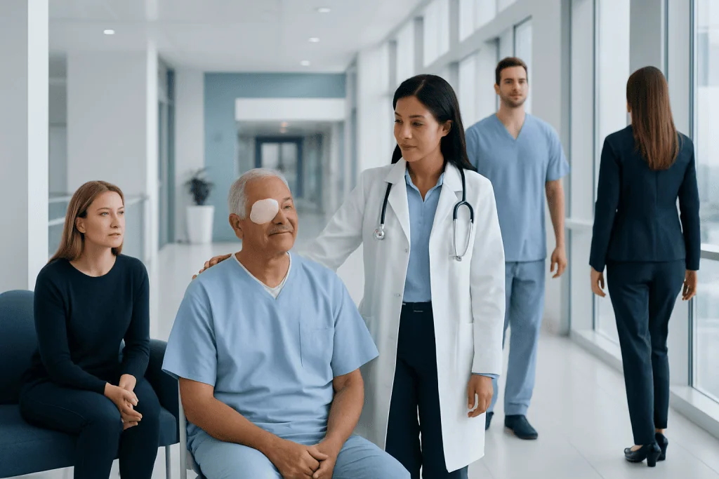 Financial Assistance for Cataract Surgery: Procedure, Recovery and Results 1 Doctor consulting elderly patient in hospital corridor with staff and visitors.
