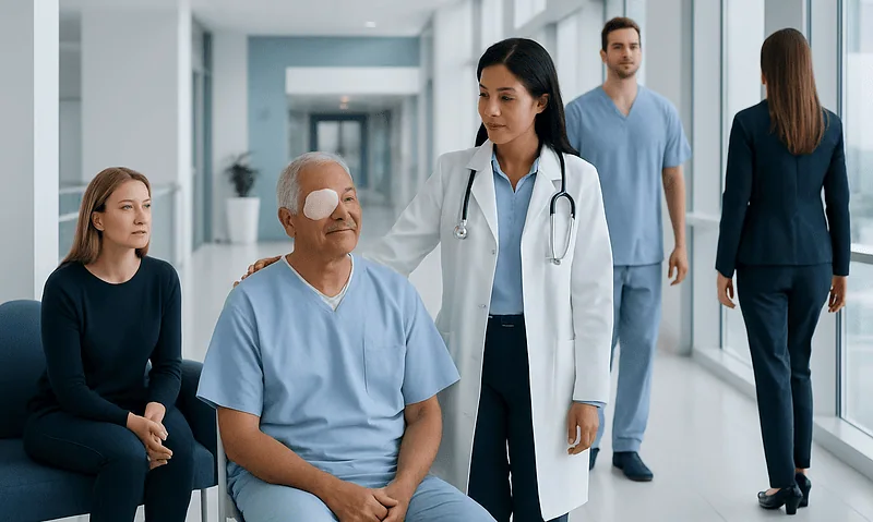 Doctor consulting elderly patient in hospital corridor with staff and visitors.
