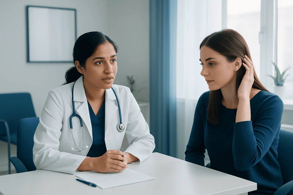Doctor consulting with a young woman in a medical office setting.
