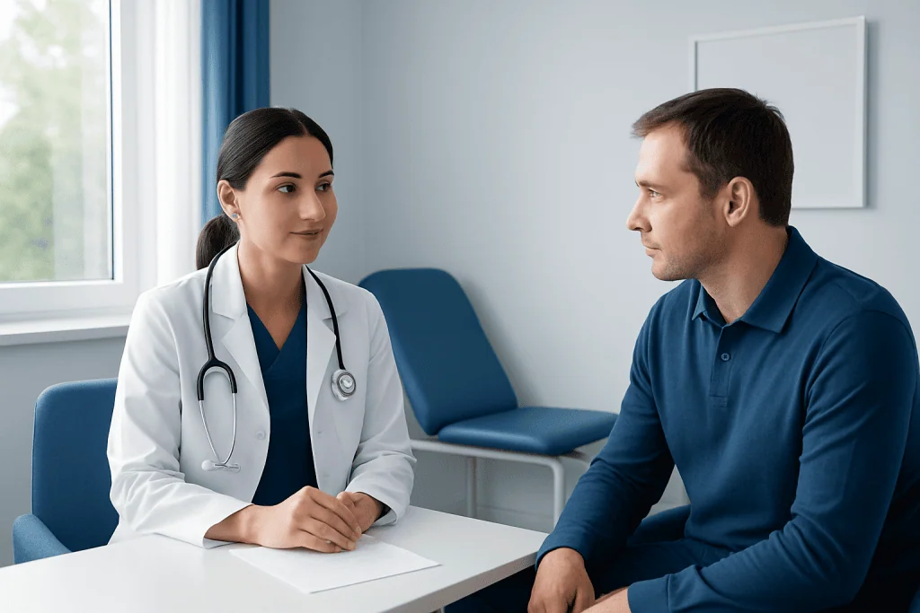Doctor consulting with a patient in a medical office at Acibadem Hospitals Group.