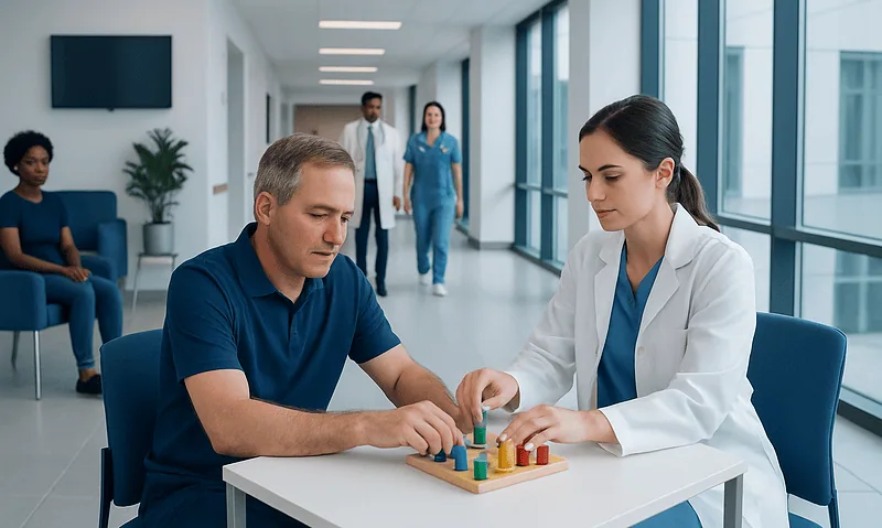 Fine Motor Therapy: How It Works, Results and What to Expect 5 Doctor and patient playing with colorful blocks in hospital corridor.