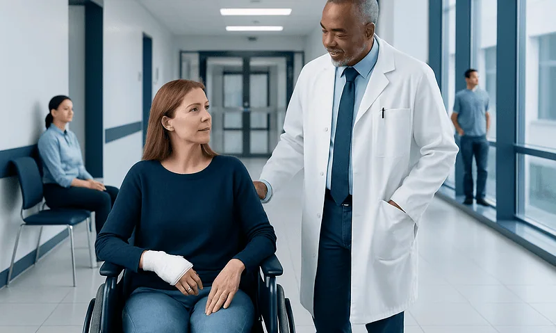 Doctor talking to a woman with a hand injury in hospital corridor.