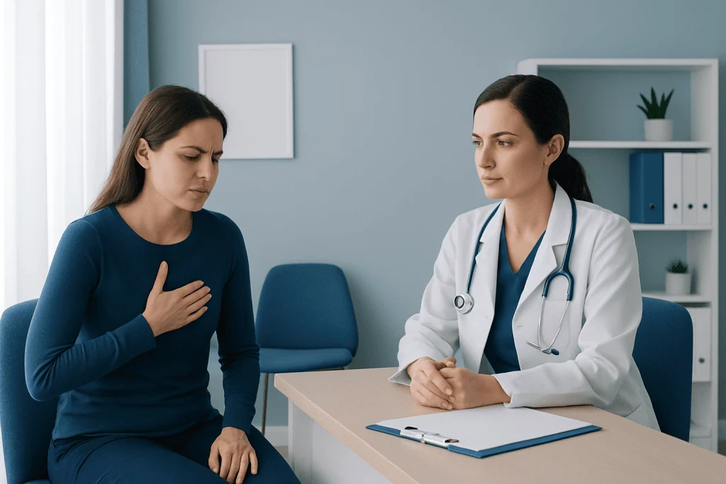 Doctor consulting with a patient about chest pain and health concerns.