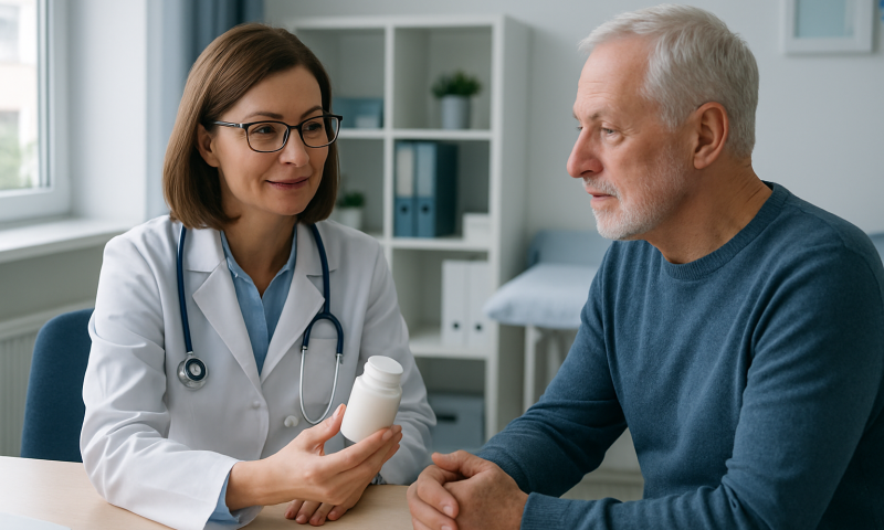 Doctor consulting with an elderly male patient about medication in a clinic.