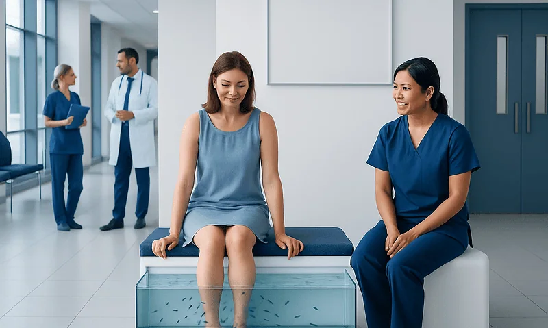 Patient receiving foot care consultation at Acibadem Hospital.